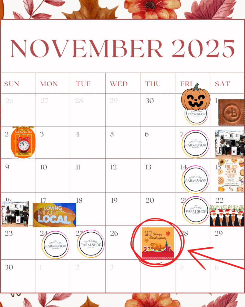 Image of a November 2025 calendar with autumn leaves and highlighted event dates, showing knife sharpening events leading up to Thanksgiving.