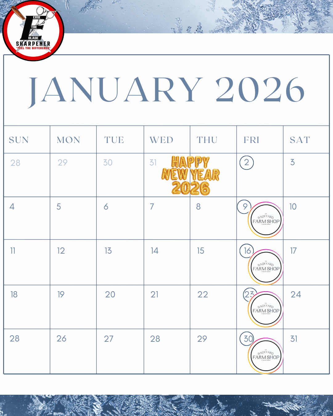 January 2026 knife sharpening schedule showing drop-by, mobile, and Backyard Farm Shop sharpening dates