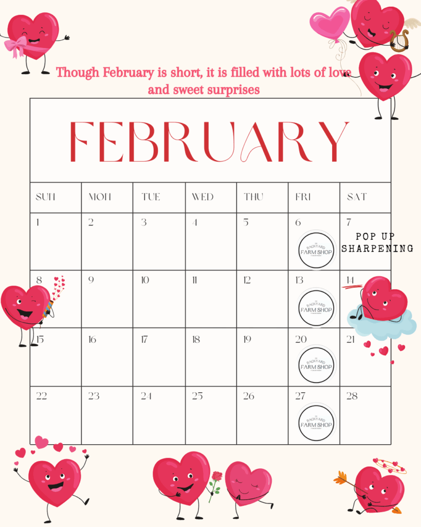 February sharpening calendar showing pop-up sharpening events and Backyard Farm Shop dates in Colorado Springs
